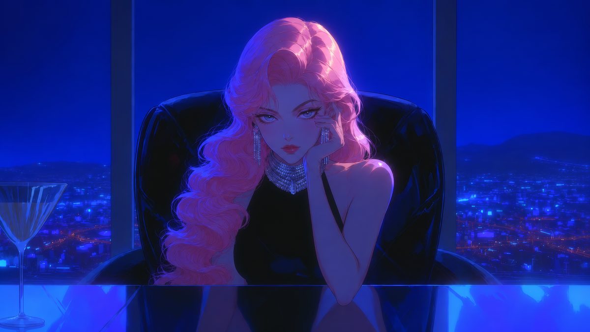 Gia concept art at her desk above the city