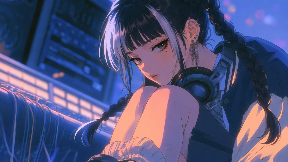 Neko at her console, headphones around her neck