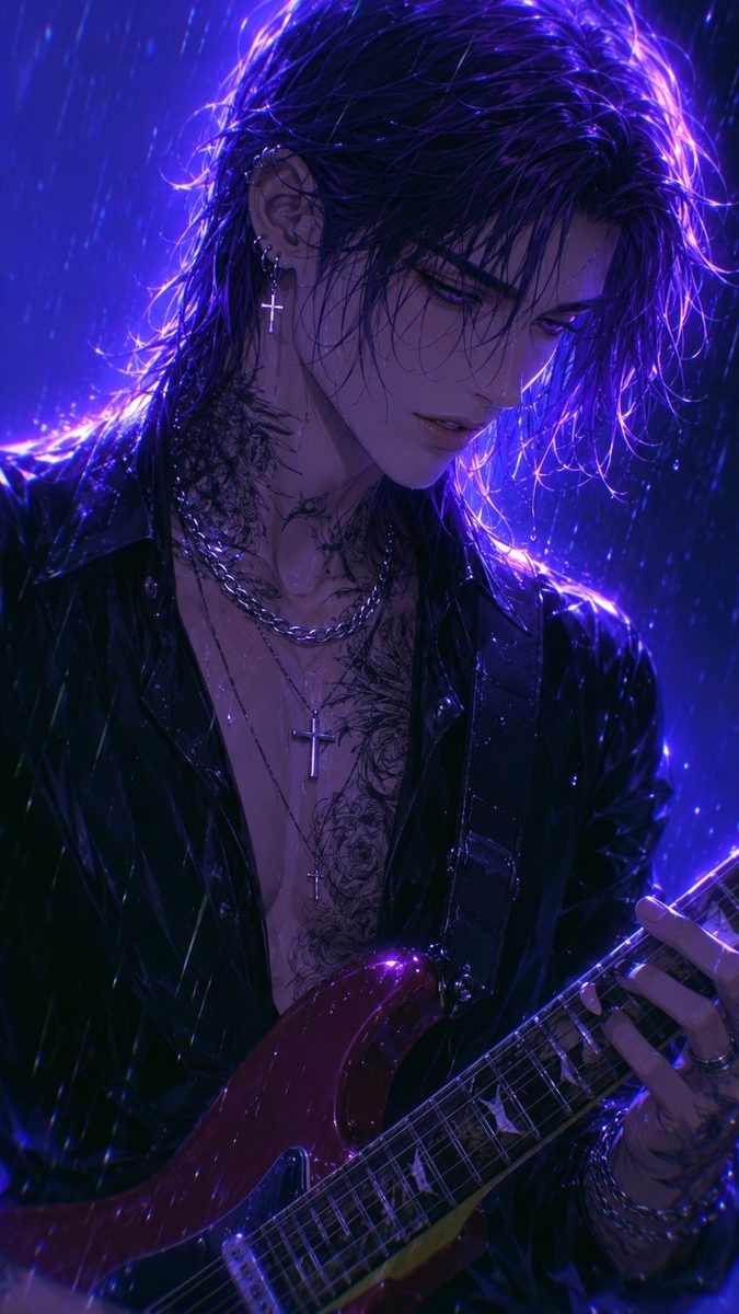 Rain concept art with his guitar in the rain